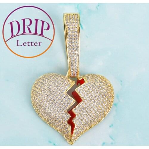 No Chain Broken Heart Pendants Gold Color Zircon Men Hip Hop Jewelry