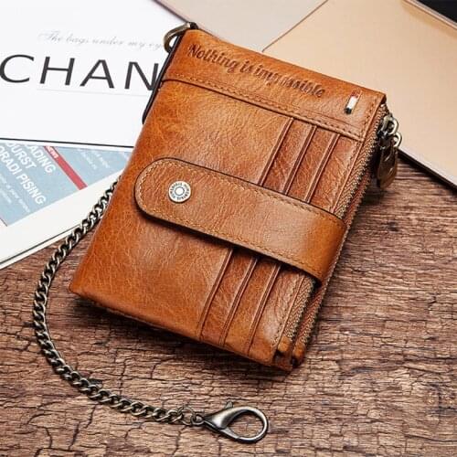 Mens RFID Blocking Leather Bifold Wallet Short Purse Change Pocket with Anti Theft Chain
