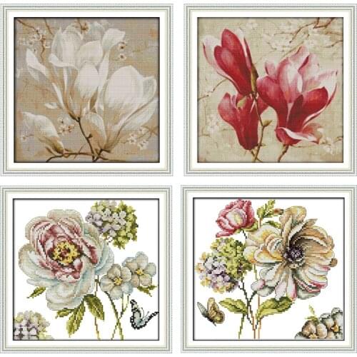 Joy Sunday Magnolia Flower Hydrangea Stamped Embroidery Cross Stitch Kit Counted 11CT 14CT Printed Handmade Needlework Decor Set