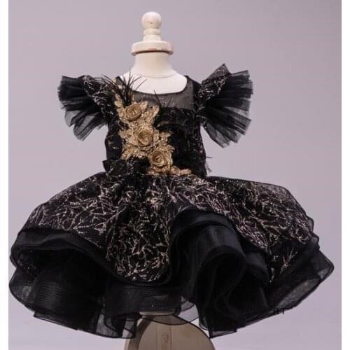 New Black Puffy Tulle Flowers Infant Girls Dresses Knee Length Kids Clothes Princess First Birthday Dress Pageant Gown