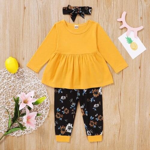 2pcs/set Autumn Baby Girl Costume Long Sleeve Blouse Dress+Floral Pattern Pants+Headband Toddler Clothes Set
