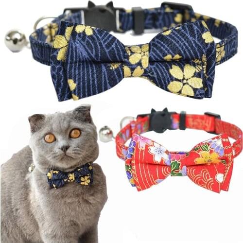 Breakaway Cat Collar with Bell and Bowtie Japanese Lucky Floral Pattern Detachable Bow Adjustable Safety Kitten Collars For Pet