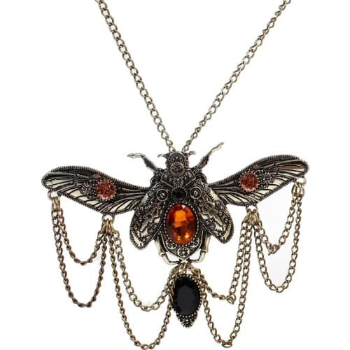 DoreenBeads Statement Steampunk Necklace Ladybug Animal Antique Bronze Black Orange Rhinestone Vintage 58.5cm(23") long,1Piece