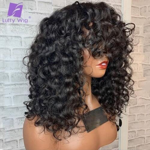 Luffywig Bouncy Curly Scalp Base Top Full Machine Made Wig with Bangs 180 Density Brazilian Remy Curly Human Hair Wig with Bang