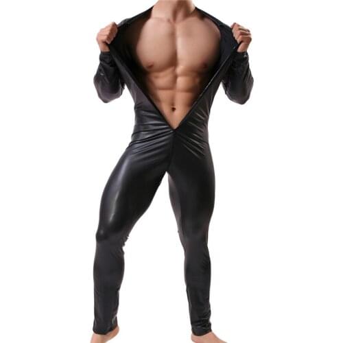 Sexy Mens Bodsuits Zipper Long Sleeve Body Shaper Male Fitness One-Piece Underwear PU Leather Gay Catsuit Bodysuits