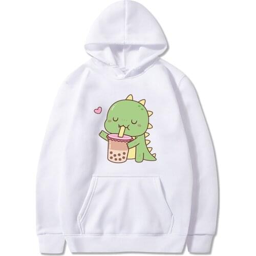 Bubble Tea Kawaii Dinosaur Print Hoodies 2021 Woman Man Autumn Hooded Clothes Milk Tea Pullover Female Hip Hop Casual Streetwear