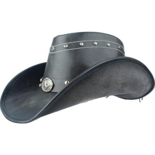 Unisex Men Women Black Leather Western Cowboy Hat with Punk Belt Wide Brim Hat Size 58-59CM