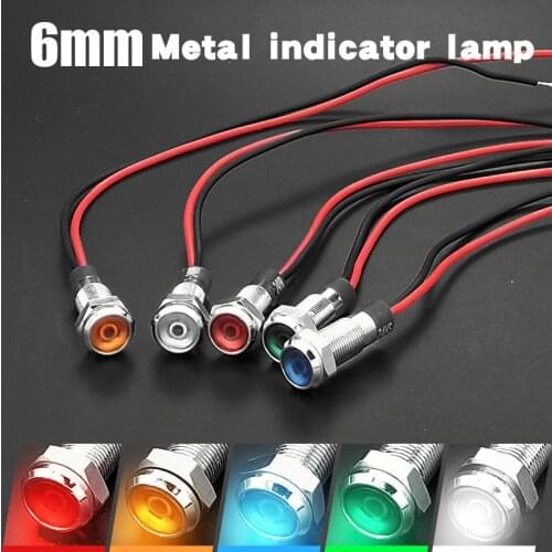 10pcs 6mm Flat head LED Metal Indicator light waterproof Signal lamp 3V 5V 6V 12V 24V 220v with wire red yellow blue green white