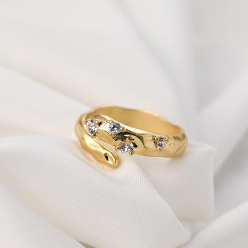 European and American Personalized Snake-Shaped Adjustable 18K Real Gold Plated Open Ring with Crystal Insert for Female Jewelry