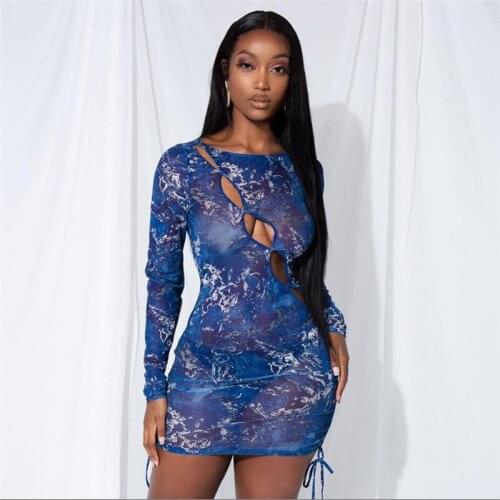 Party Night Sexy Print Drawstring Club Women Dress Sexy Hollow Out Long Sleeve Autumn Slim Sheath Bodycon Mini Street Dresses