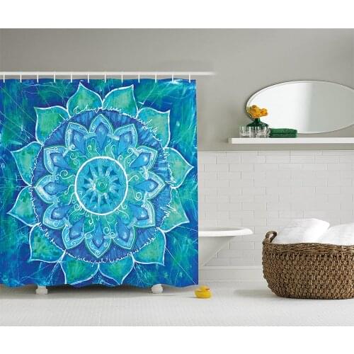 Teal Shower Curtain Chakra Decor by Watercolor Painting Effect Batik Ikat Abstract Mandala Polyester Fabric Bathroom Curtains