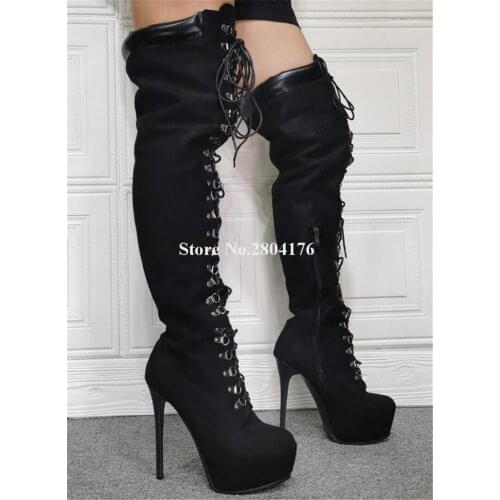 Western Fashion Round Toe Suede Leather High Platform Stiletto Heel Over Knee Boots Lace-up Black Thigh Long High Heel Boots