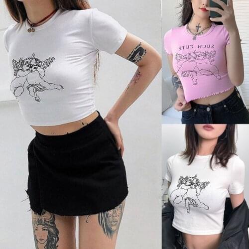 Women Summer Short Sleeve T-Shirt Cute Angel Print Harajuku Cotton Slim Crop Top