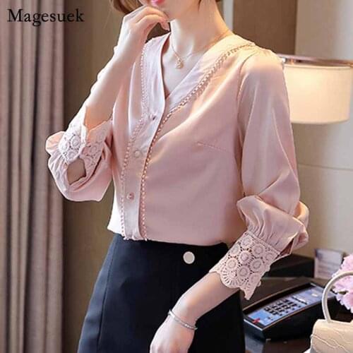 Sweet V-neck Elegant Fashion Women Shirts Long Sleeve Blouse 2020 New AutumnSimple Temperament Pink Shirt Women Tops 11403