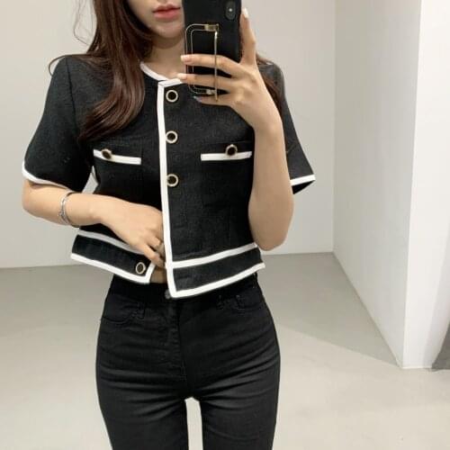 2020 Summer Women Jacket Korean Style Chic O Neck Color Matching Chic Single-Breasted Short Sleeve Thin Fashion Cropped Coat Top