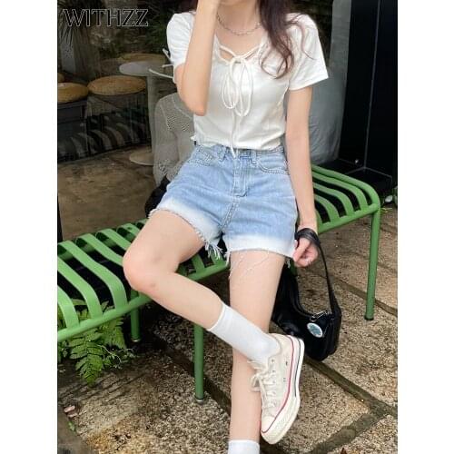 WITHZZ Summer Womens Loose High Waist Straight Jeans Female Tassel Light Gradient Color Thin Denim Shorts