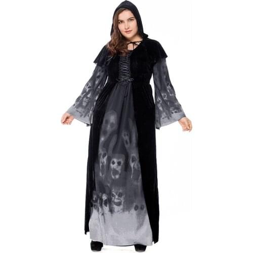 Female Halloween Horror Sorcerer Ghost Skull Bone Forsaken Soul Stealer Curvy Costume Scary Black Maxi Gown Robe Dress For Women