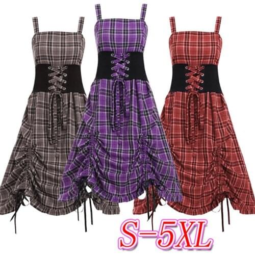2021 Woman Vintage Medieval Halooween Dress Plaid Palace Princess Elastic Bandage Retro Elegant Evening Party Vestido