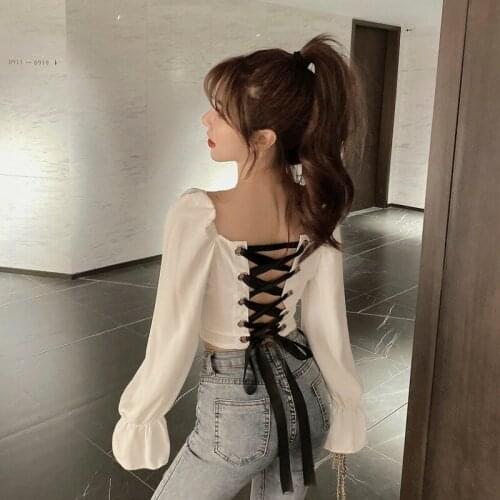 Flare Sleeve Hollow Out Backless Bandage Crop Top Blouses Sexy Style Womens Clothing Shirts Slim Korean Clothes Autumn New