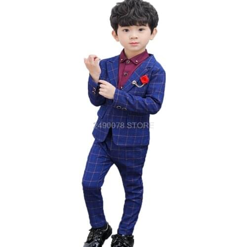 Flower Boys Plaid Wedding Suit Kids Jacket Pants 2Pcs Clothing Set Children Piano Show Performance Party Dress Costume