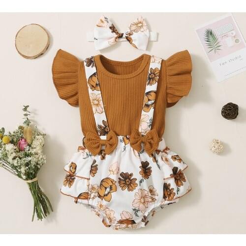 Newborn Kids Baby Girls 3PCS Sets Floral Printed Clothes Knitted T Shirt Tops Suspenders Shorts Headband Outfit Set Summer New