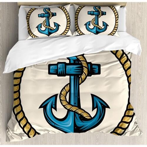 Anchor Duvet Cover Set Sailor Design with Circular Rope and Anchor Antique Maritime Nautical Decorative 3 Piece Bedding Set