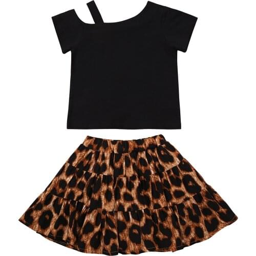 New 2PCS Toddler Girls Summer Clothes, Short Sleeve One Cold Shoulder Tops + Leopard Mini Skirt Set