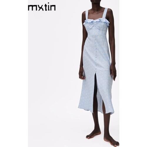 MXTIN 2021 Women Summer Vintage Floral Print Single Breasted Midi Dress Fashion Sleeveless Split Female Party Dresses Vestidos