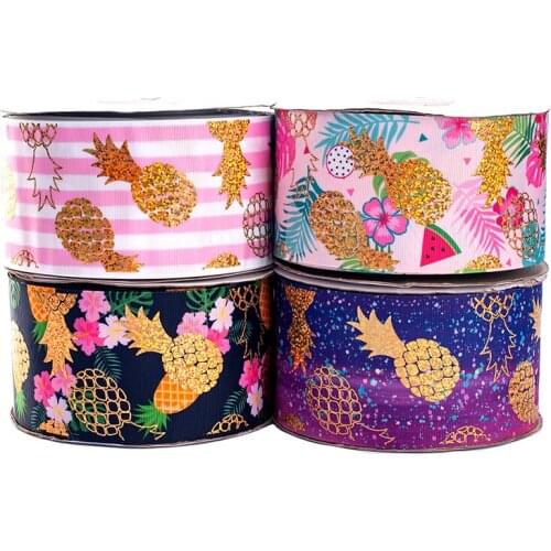 New 75mm 3" 10yards gold foil pineapple pattern with grosgrain ribbon thermal transfer printed