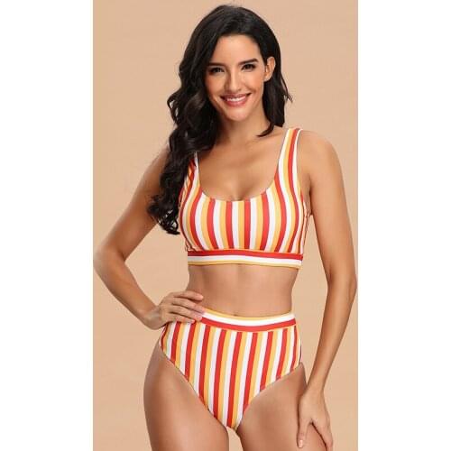 Orange Striped Bikini 2021 Women Sexy Swimwear Swimsuit Female Two-pieces Bikini set High Waist Bather Bathing Suit SW431