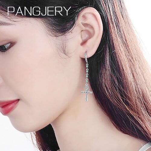 PANGJERY Prevent Allergy 925 Sterling Silver Micro Inlaid Zircon Earrings for Women Fashion Asymmetric Cross Party Jewelry Gifts