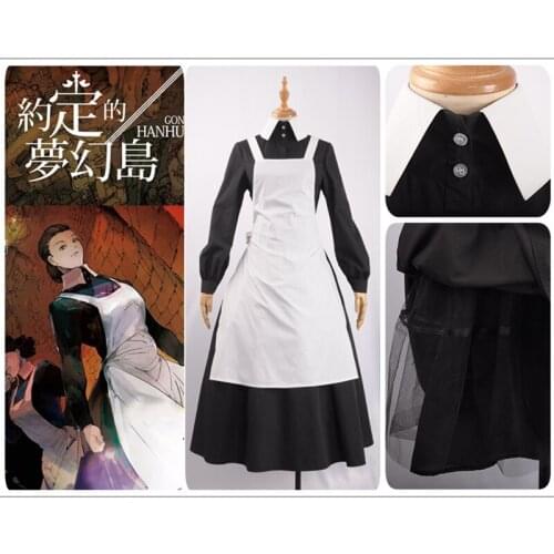 Dress The Promised Neverland Mother Cosplay Costume Long Sleeve Black Dress White Apron Muslim dress for Adult