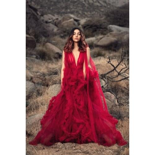 Fluffy Tulle Prom Maternity Dress Robes For Photo Shoot Baby Shower Sheer Red Boudoir Photo Shoots Honeymoon Wedding Photography