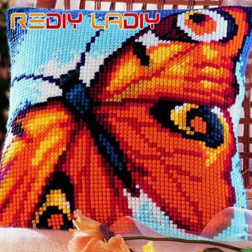 REDIY Cross Stitch Cushion Cover PEACOCK BUTTERFLY Pillow Case Acrylic Yarn Cross-Stitch Kits Cushions Home Decor Throw Pillows