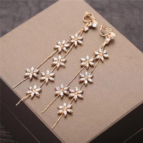 1 Pair of No Piercing Glass Rhinestone Stud Earring Bridal Flower Dangle Ear Clips Wedding Party Jewelry