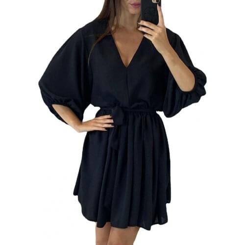 Spring Summer 2021 Women Mini Dresses Fashion V Neck Sexy Solid Color V-neck 3/4 Sleeve Tie Bandage Loose Party Dress