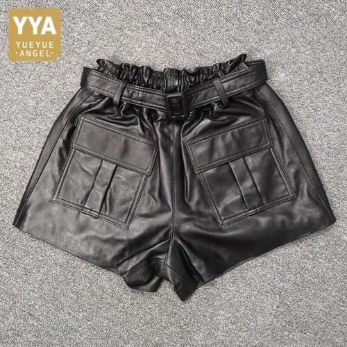High Waist Loose Big Pockets Womens Casual Sheepskin Shorts Korean Fashion Sashes Genuine Leather Wide Leg Shorts Plus Size 3XL