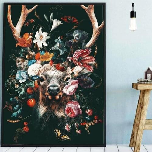 Modern Animal Deer Flowers Art Posters and Prints Canvas Paintings Wall Art Pictures for Living Room Decor (No Frame)