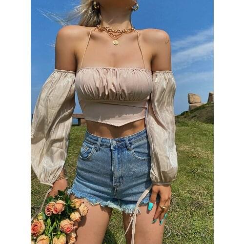 Prairie Chic Camisole Drawstring Bandeau Trendy Sexy Crop Korean Style Tank Tops Women Summer Fairy Clothes Lantern Sleeve