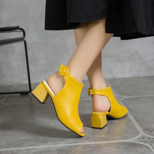 ZawsThia 2021 Summer Yellow White Leisure Black Chunky Heels Woman Shoes Peep Toe Buckle Strap Womens Sandals Plus Size 33-48