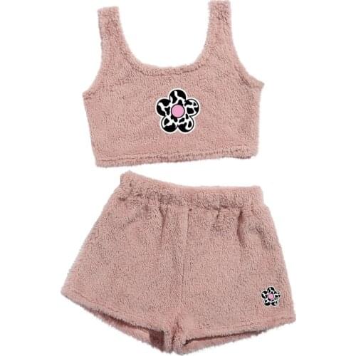 Womens Pajamas O-neck Flower Embroidered Pullover Sleeveless Tops Shorts Plush Sleepwear Casual Solid Color Fleece Homewear