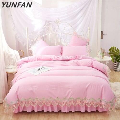 Pink lace bedding sets full queen king duvet cover princess girls bed skirt bedclothes beautiful quilt cover sets fitted sheet