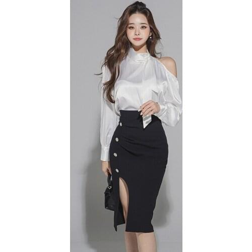 New arrival high quality work style women sets off shoulder white loose shirt and sexy slim pencil shirt elegant women sets