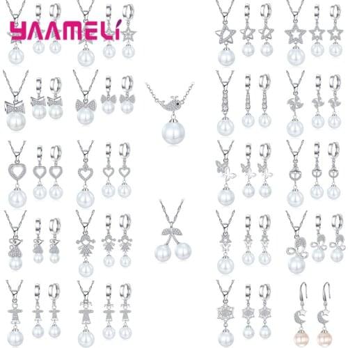 Women Luxury Multi-styles Pearl Pendant Jewelry Sets 925 Sterling Silver Round Freshwater Pearl Necklace Earrings Wholesale