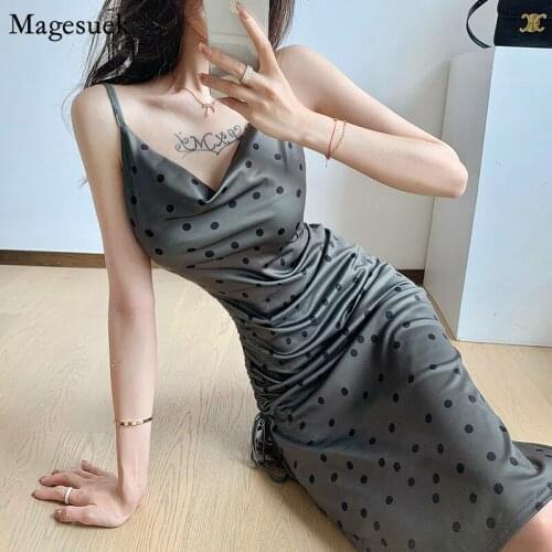 New Backless Party Sexy Dress Summer Women Sleeveless High Waist Slip Dress Female V Neck Bandage Polka Dot Dresses Robes 15148