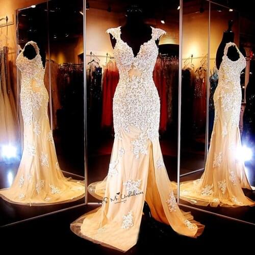 Sexy Champagne Lace Evening Dress Vestidos de Noche White Applique Mermaid Prom Dresses Cap Sleeve Split Side Robe de Soiree