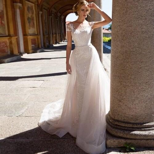 2021 Detachable Train Wedding Dresses Mermaid Cap Sleeves Elegant O-Neck Embroidery A-line Appliques Tulle 2 IN 1 Bridal Gowns