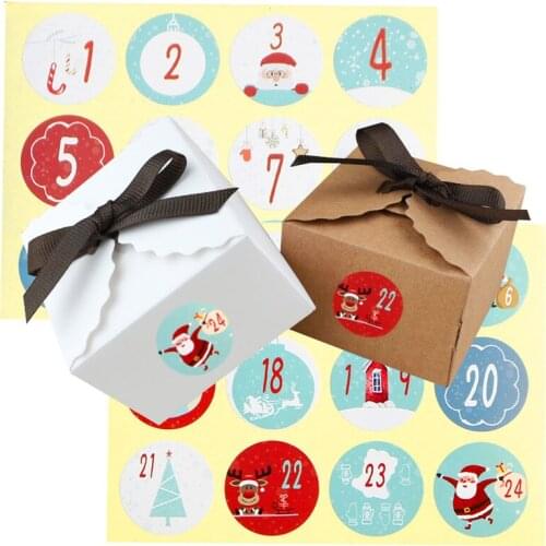 24pcs Kraft Paper Box with 1-24 Merry Christmas Calendar Sticker Gift Box Sealing Sticker Candy Chocolate Paper Box Party Favor