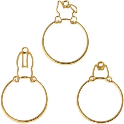 3Pcs Hidden Cat Dog Rabbit Round Hollow Frame Pendant Bezel Resin Jewelry Making