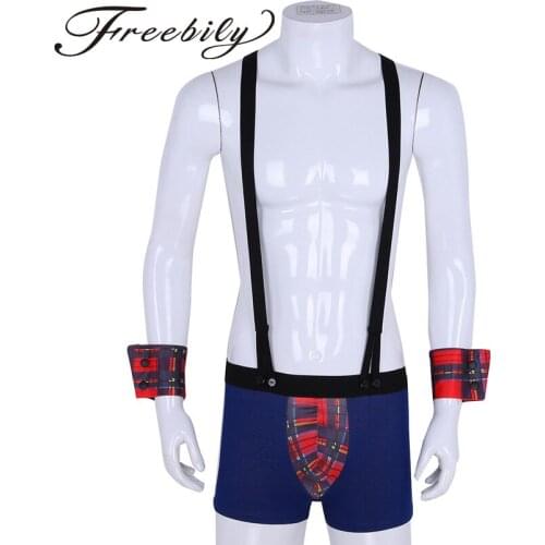 3Pcs Gay Mens Sissy Panties Costume Boxer Shorts Underwear Plaid Bulge Pouch with Y Back Braces Elastic Suspenders and Cuffs Set